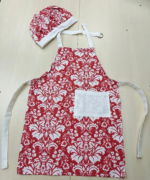 Şapkalı Çocuk Mutfak Önlüğü, Etkinlik Önlüğü, Aşçı Önlüğü-v3 Gotik Kırmızı Beyaz