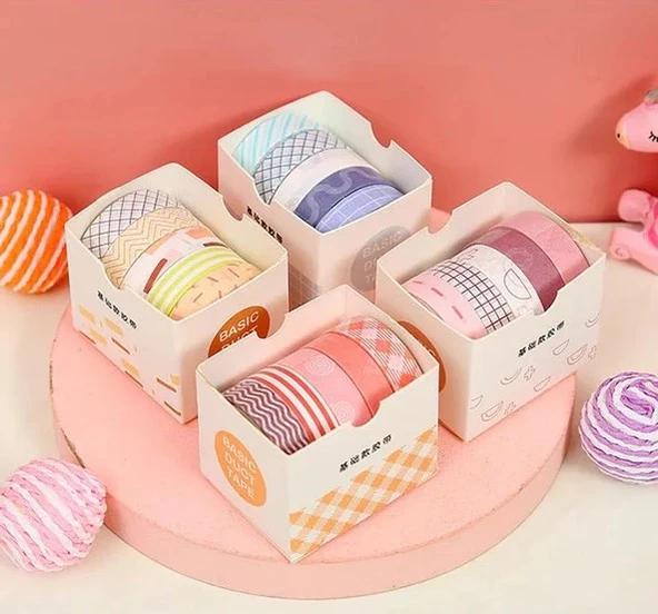 Vintage Washi Tape Bant Baskılı Yapışkanlı Maskeleme Kağıdı Desenli bant 5 li - Geometrik N2 - 4