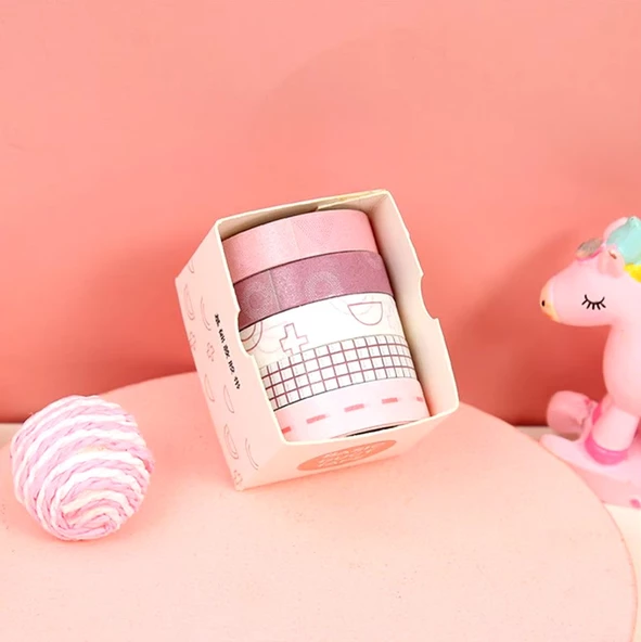 Vintage Washi Tape Bant Baskılı Yapışkanlı Maskeleme Kağıdı Desenli bant 5 li - Geometrik N2