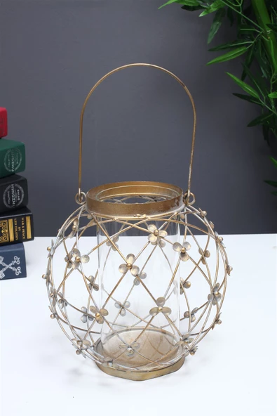 Antik Gold Metal Çiçekli Mumluk Cam Hazneli Saplı Yuvarlak 22cm - 2