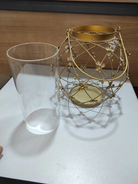 Antik Gold Metal Çiçekli Mumluk Cam Hazneli Saplı Yuvarlak 22cm - 5