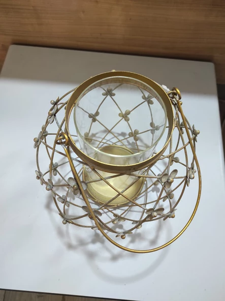 Antik Gold Metal Çiçekli Mumluk Cam Hazneli Saplı Yuvarlak 20cm - 3