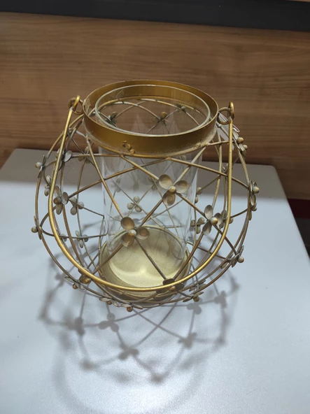 Antik Gold Metal Çiçekli Mumluk Cam Hazneli Saplı Yuvarlak 22cm - 6