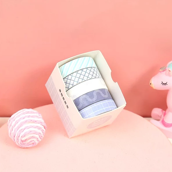 Vintage Washi Tape Bant Baskılı Yapışkanlı Maskeleme Kağıdı Desenli bant 5 li - Geometrik N4