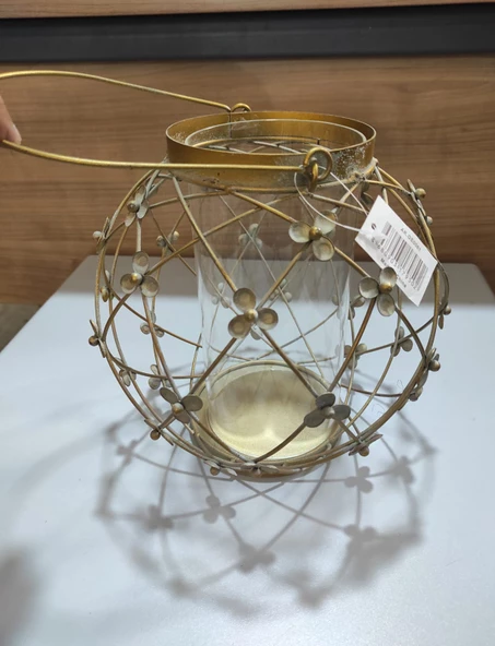 Antik Gold Metal Çiçekli Mumluk Cam Hazneli Saplı Yuvarlak 20cm - 7