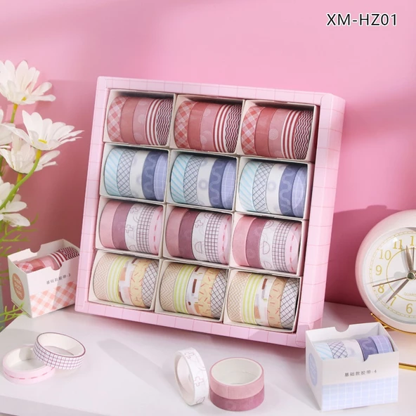 Vintage Washi Tape Bant Baskılı Yapışkanlı Maskeleme Kağıdı Desenli bant 5 li - Geometrik N3 - 5