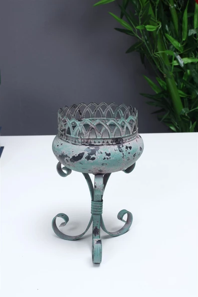Antik Yeşil Metal Eskitme Ferforje Mumluk 20cm