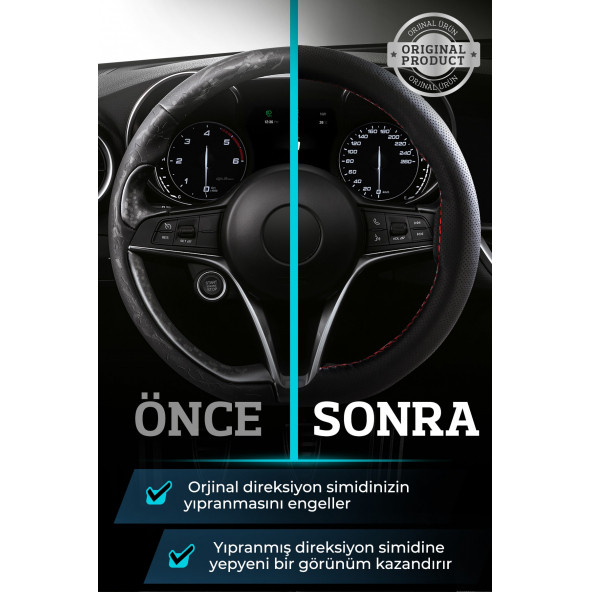 Binek araçlarla uyumlu dikme direksiyon kılıfı - siyah deri terletmez lüks model - 2