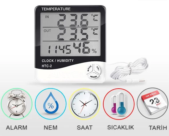 Dijital  İç ve Dış Aynı Anda Ölçen Termometre HTC-2 Oda Sıcaklığı Nem Isı  Masa Saati Pil Hediyeli - 3