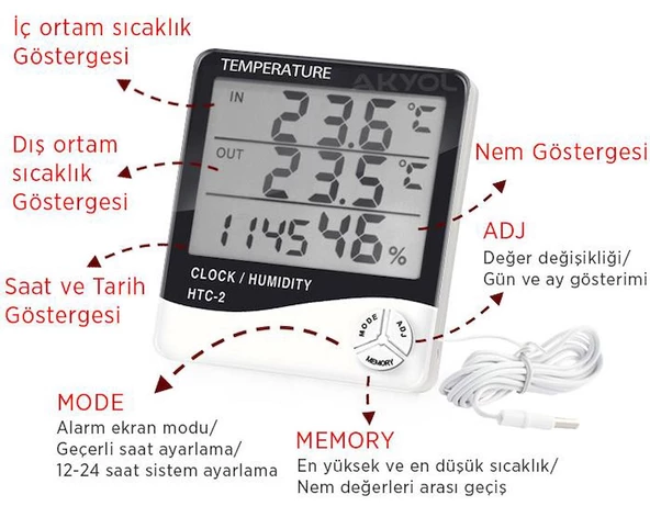 Dijital  İç ve Dış Aynı Anda Ölçen Termometre HTC-2 Oda Sıcaklığı Nem Isı  Masa Saati Pil Hediyeli - 5