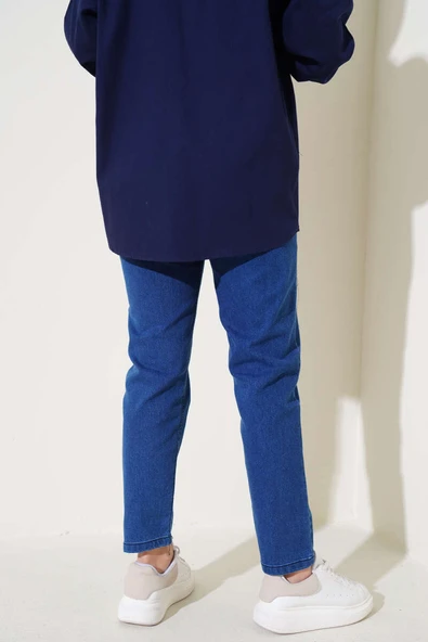 Dar Paça Bel Lastikli Kot Pantolon Mavi - Resim 3