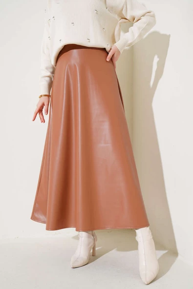 Bel Lastikli Kloş Deri Etek Taba ürün görseli 1