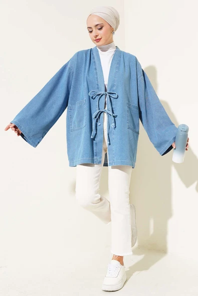 Önü İp Bağcıklı Kot Kimono Açık Mavi - 2