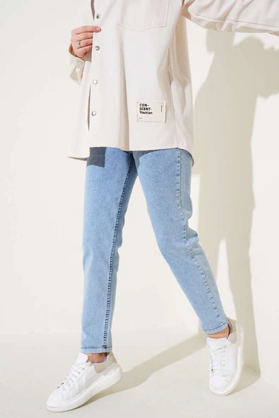 Dar Paça Bel Lastikli Kot Pantolon Açık Mavi - Resim 2