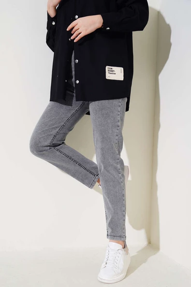 Dar Paça Bel Lastikli Kot Pantolon Füme - 2