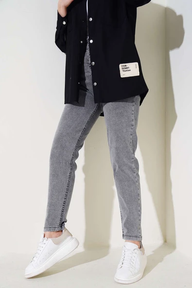 Dar Paça Bel Lastikli Kot Pantolon Füme ürün görseli 1