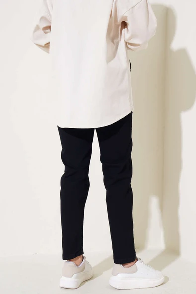 Dar Paça Bel Lastikli Kot Pantolon Siyah - Resim 3