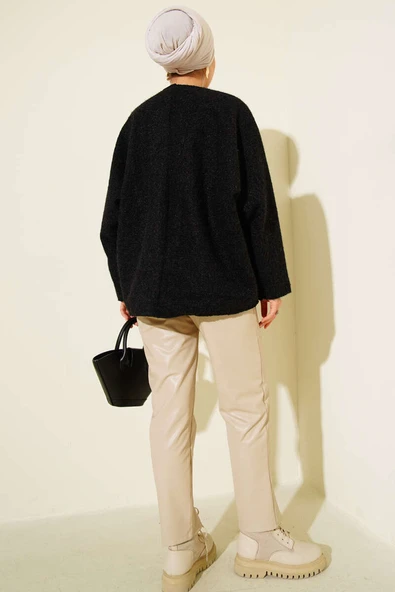 Önü Bağlamalı Kaşe Kimono Siyah - 3