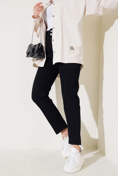 Dar Paça Bel Lastikli Kot Pantolon Siyah - Resim 2