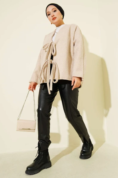 Önü Bağlamalı Kaşe Kimono Bej - 2