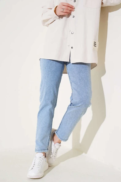 Dar Paça Bel Lastikli Kot Pantolon Açık Mavi ürün görseli 1