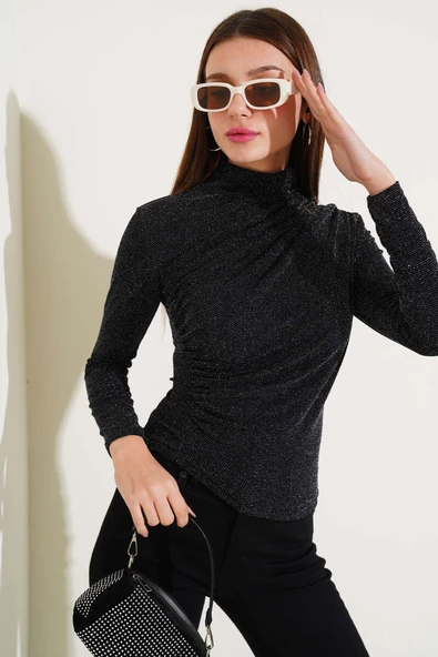 Büzgülü Uzun Kol Simli Bluz Siyah - Resim 2