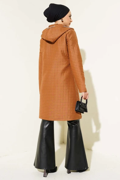 Kapüşonlu Fermuarlı Kapitone Mont Taba - Resim 3