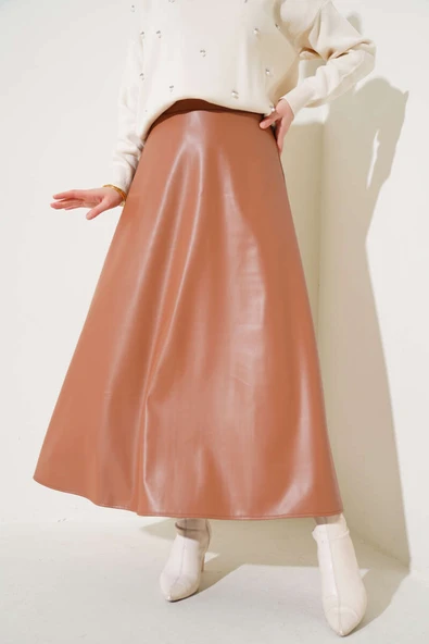 Bel Lastikli Kloş Deri Etek Taba - Resim 2