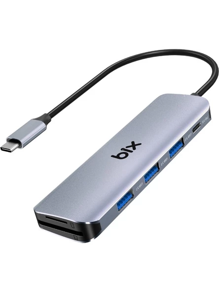 Bix BX08HB 6in1 Type-C Hub 3x USB 3.0, Micro SD / SD, PD Şarj Macbook Uyumlu Çoklayıcı Adaptör