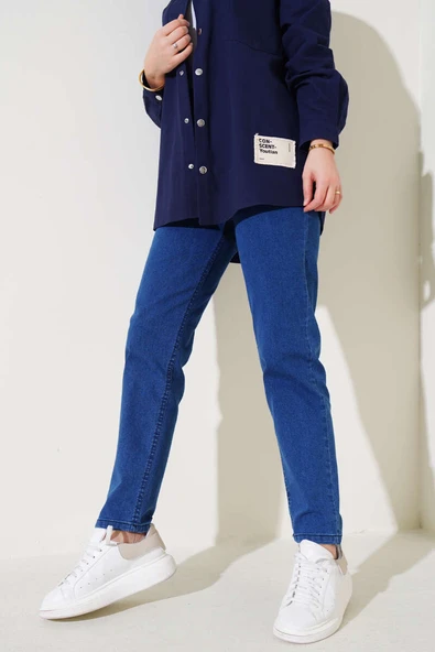 Dar Paça Bel Lastikli Kot Pantolon Mavi - Resim 2