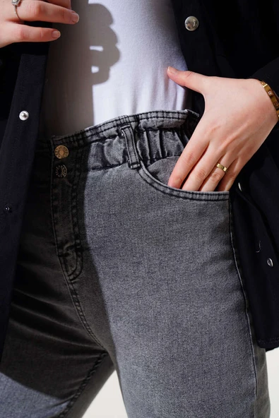 Dar Paça Bel Lastikli Kot Pantolon Füme - Resim 4