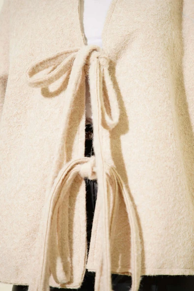 Önü Bağlamalı Kaşe Kimono Bej - 4