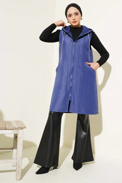 Kapüşonlu Kapitone Yelek Lacivert - Resim 2