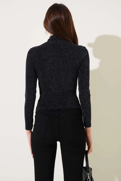 Büzgülü Uzun Kol Simli Bluz Siyah - Resim 3