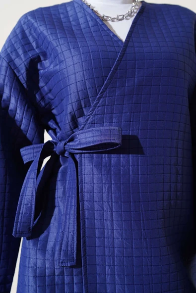 Yandan Bağlamalı Kapitone Kimono Lacivert - 4