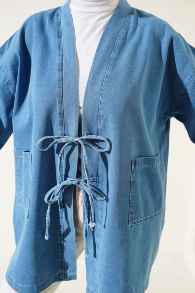 Önü İp Bağcıklı Kot Kimono Açık Mavi - 4