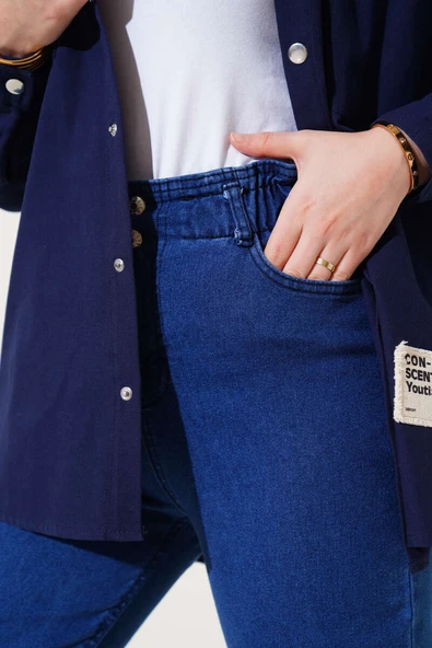 Dar Paça Bel Lastikli Kot Pantolon Mavi - Resim 4