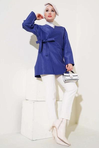 Yandan Bağlamalı Kapitone Kimono Lacivert - Resim 2