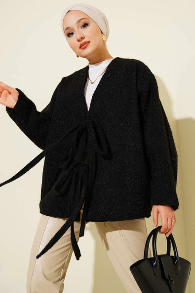 Önü Bağlamalı Kaşe Kimono Siyah