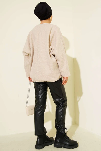 Önü Bağlamalı Kaşe Kimono Bej - 3