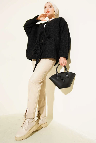 Önü Bağlamalı Kaşe Kimono Siyah - 2