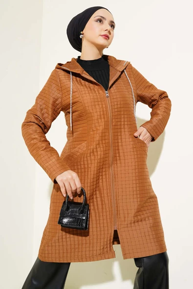 Kapüşonlu Fermuarlı Kapitone Mont Taba ürün görseli 1