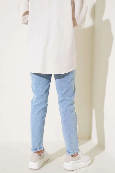 Dar Paça Bel Lastikli Kot Pantolon Açık Mavi - Resim 3