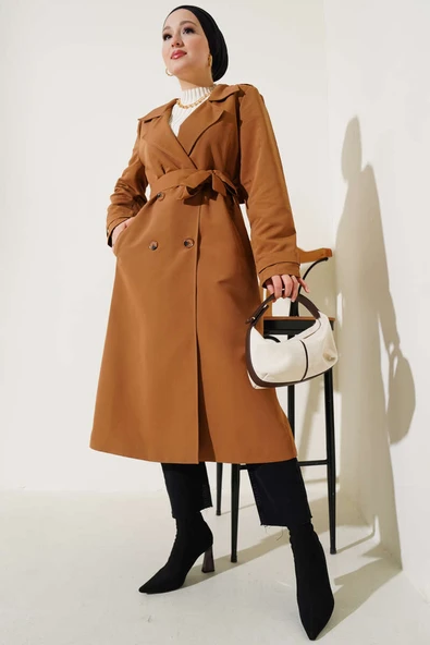 Omuz Apoletli Yırtmaç Detaylı Trençkot Taba ürün görseli 1