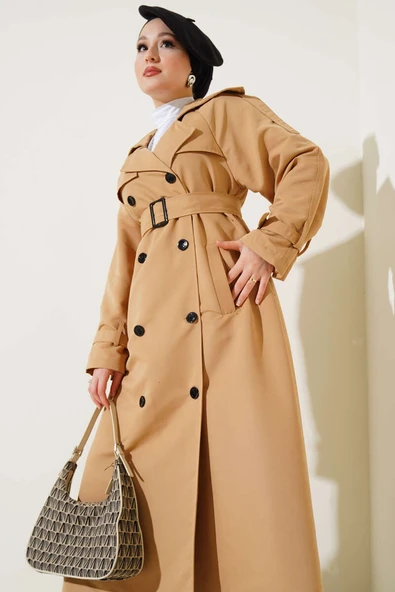 Astarlı Kuşaklı Uzun Trençkot Camel - Resim 2