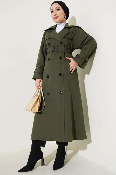 Astarlı Kuşaklı Uzun Trençkot Haki ürün görseli 1
