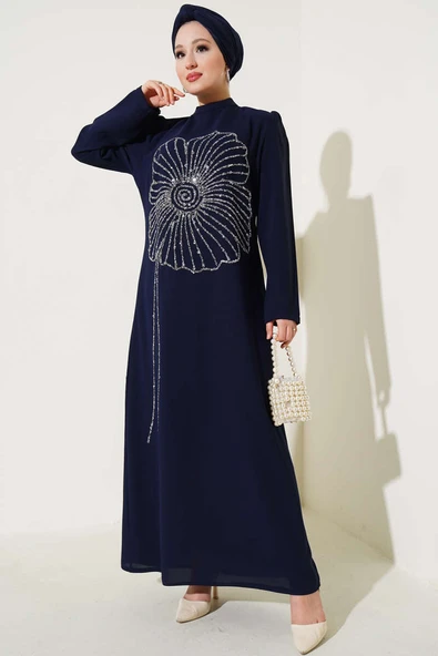 Çiçek Desen Taşlı Büyük Beden Elbise Lacivert - Resim 2