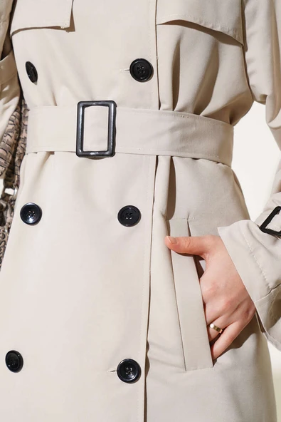 Astarlı Kuşaklı Uzun Trençkot Taş - Resim 4