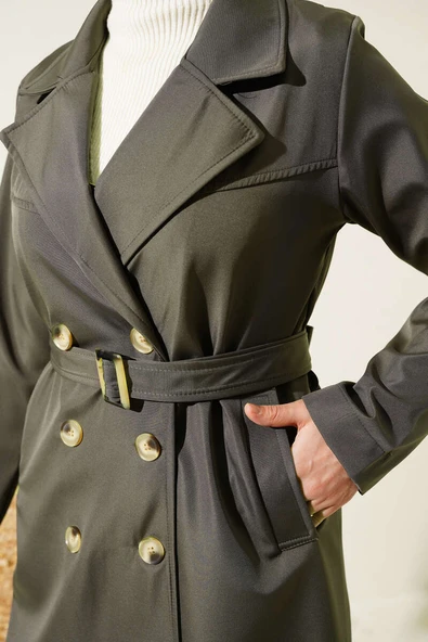 Düğmeli Cepli Trençkot Haki - 4