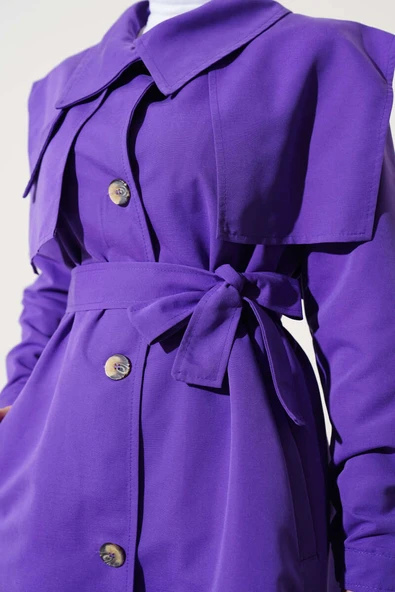 Cep Kapak Detaylı Pelerinli Trençkot Menekşe - Resim 4